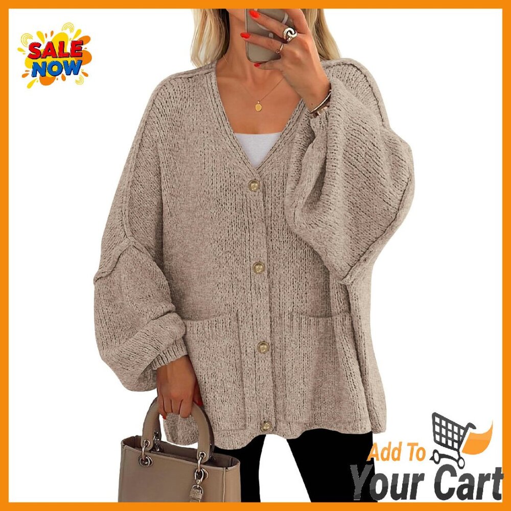 Chunky Knit Cardigan With Lantern Sleeves And Pockets - Oversized Fit